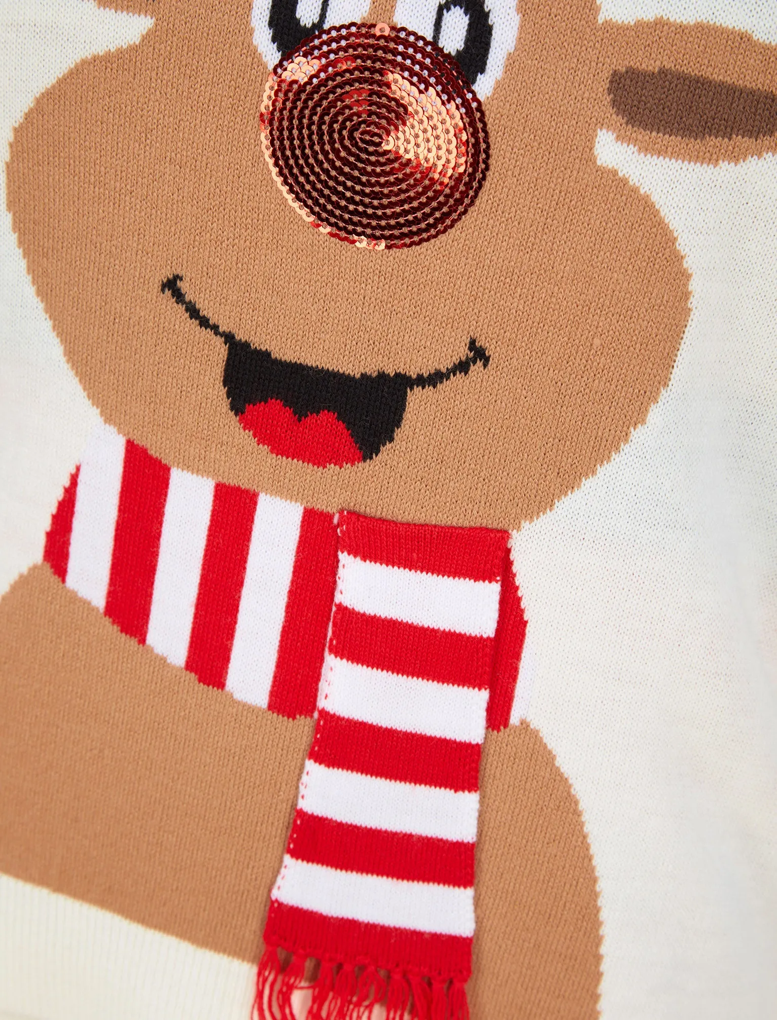 Women's Sequin Reindeer Sequin Novelty Christmas Jumper in Gardenia - Merry Christmas